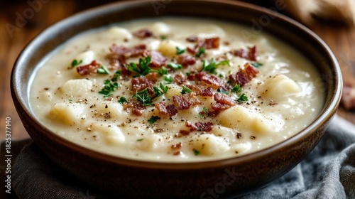 Wallpaper Mural Creamy gnocchi and potato dumpling soup topped with crispy bacon, chopped parsley and cracked black pepper in a rustic bowl, warm comforting homemade meal Torontodigital.ca