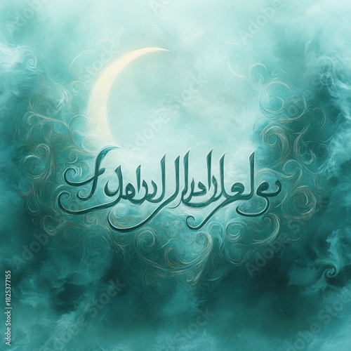 Wallpaper Mural serene teal cloudscape with glowing crescent moon and ornate arabic calligraphy in swirling decorative script Torontodigital.ca