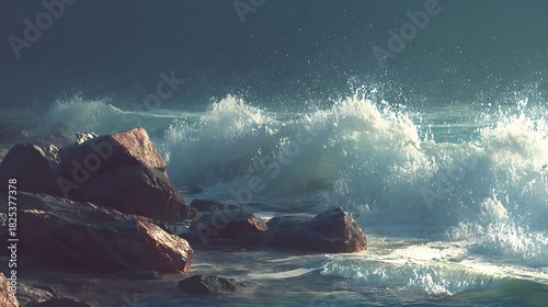 Powerful ocean waves crash against rugged coastal rocks, creating a dramatic and energetic seascape with frothy white spray under a moody sky