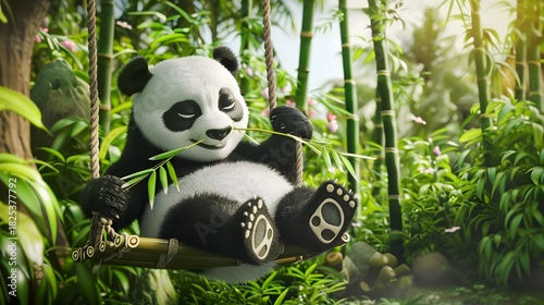 3D cute cartoon panda sitting on a bamboo swing