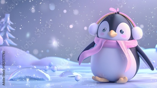 3D cute cartoon penguin wearing a scarf and earmuffs