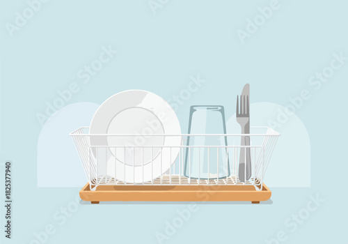 White wire dish rack on a wooden base holding a plate glass and fork