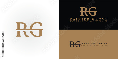 The sophisticated monogram logo features the intertwined letters RG in an elegant serif font. It is perfect for a private equity firm, as it conveys tradition, trust, and refined professionalism.