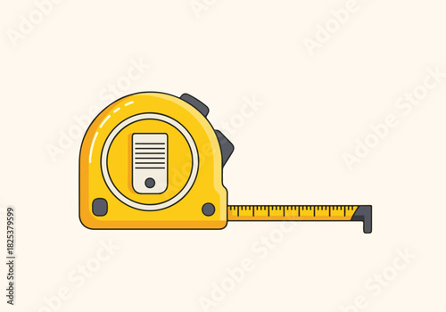 Yellow cartoon tape measure with extended markings against a pale background