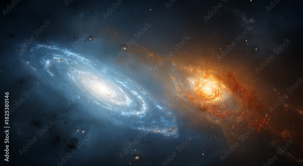 Fototapeta premium Three Galaxies with Nebula and Red Star in Deep Space Cosmic Landscape
