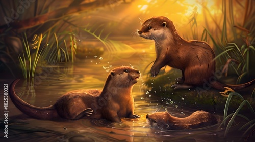 Playful family of otters swimming and splashing in a river