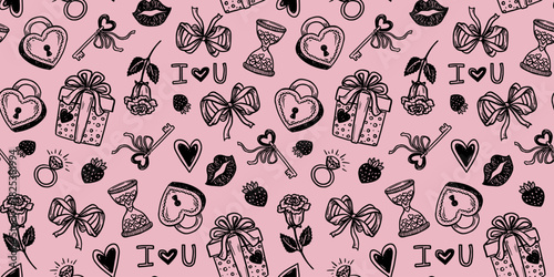 Valentine Day seamless pattern with coquette bow and rose in doodle sketch style. Black on pink hand drawn outline with cute romantic elements. Ideal for wedding card background or wallpaper print.