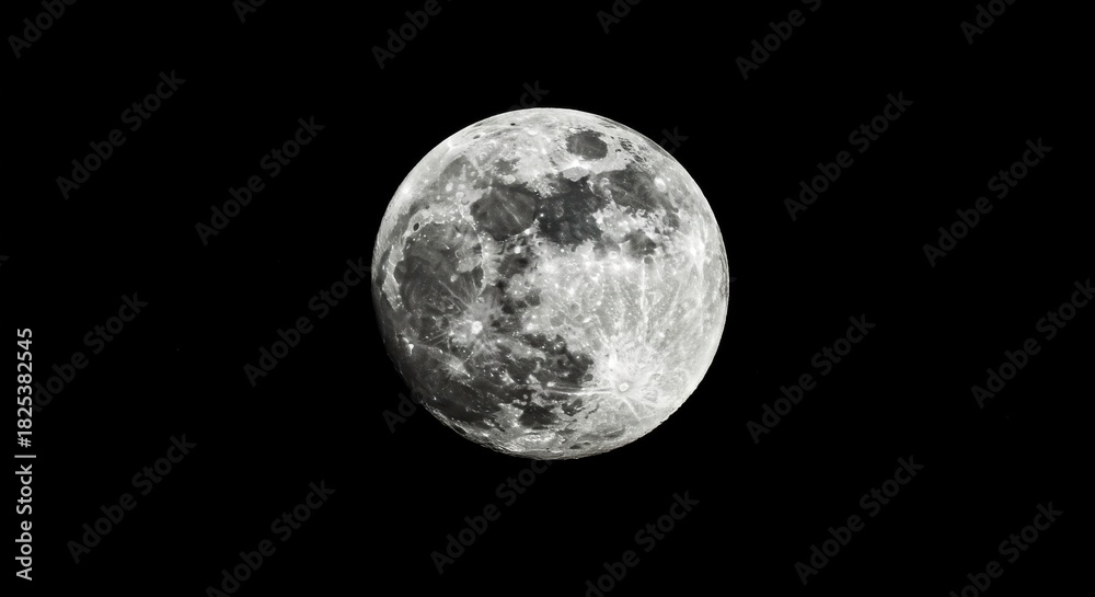 Naklejka premium Detailed full moon in the dark night sky showcasing lunar surface features, craters and textures