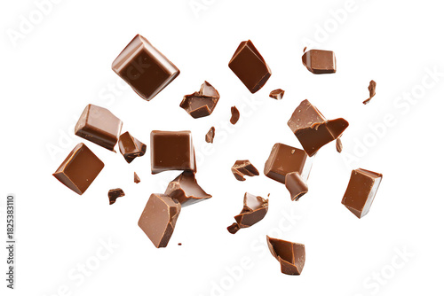 A dynamic arrangement of flying chocolate pieces captured against a clean white background. the texture and shine of the chocolate. ideal for culinary or confectionery themes