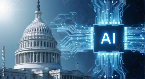 Digital illustration of United States Capitol building with futuristic AI concept on circuit board background in blue color.