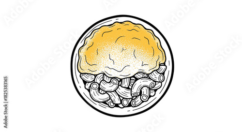 A comforting bowl of classic macaroni and cheese, rendered in a charming hand-drawn illustration style, evokes nostalgic feelings of home-cooked meals.