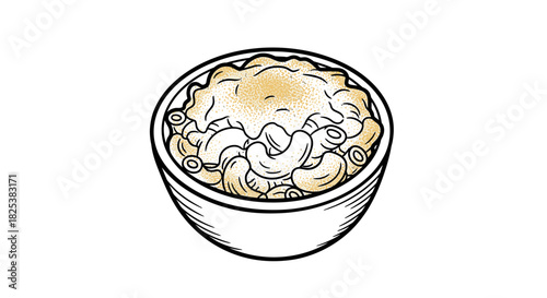 This charming hand-drawn illustration features a comforting bowl of creamy macaroni and cheese, a classic American dish enjoyed as a hearty meal.
