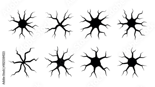 Eight Black Cracked Hole Silhouettes on White Background