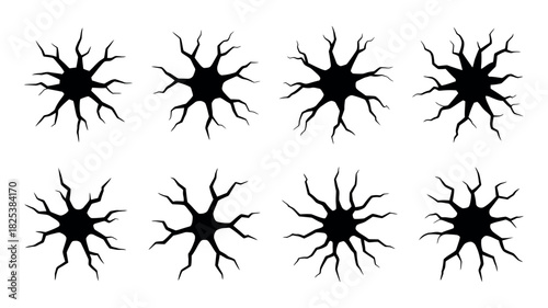 Eight Black Cracked Hole Silhouettes on White Background
