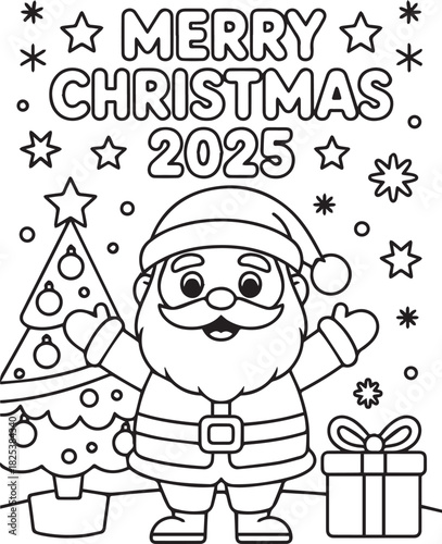 Smiling Santa Claus near Christmas tree with gift offers festive cheer for 2025