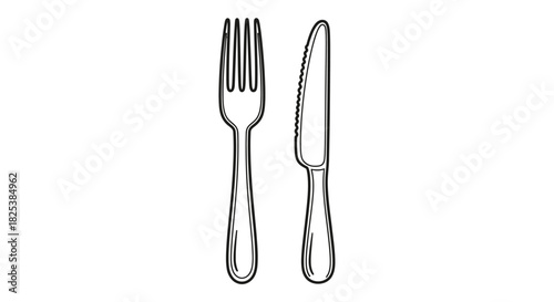 A classic hand-drawn illustration depicting a clean, elegant dining fork and a serrated knife, perfectly arranged side-by-side for a meal.