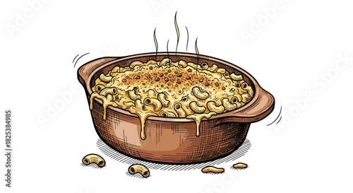 A steaming, golden-baked macaroni and cheese, freshly prepared in a rustic ceramic casserole dish, offers a comforting and delicious homemade meal.