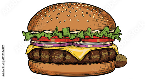 A vibrant, hand-drawn illustration of a delicious cheeseburger, featuring a savory patty, melted cheese, crisp vegetables, and a toasted sesame bun.
