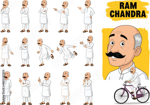 Collection of cartoon illustrations depicting lord rama in various poses and actions with a large portrait and bicycle