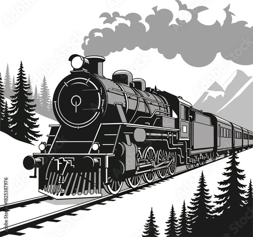 Steam Train in Snowy Landscape – Black and White Silhouette Vector Art