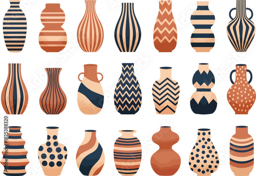 Collection of decorative ceramic vases with abstract geometric patterns and earthy tones on a white background