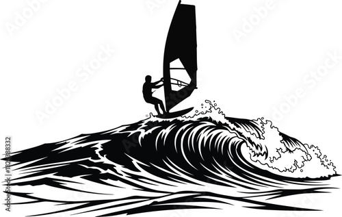 Windsurfer Gliding on Ocean Waves – Black and White Silhouette Vector Art