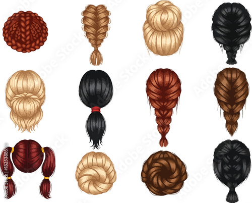 Collection of diverse hairstyles for women featuring braids buns ponytails and various hair colors and textures