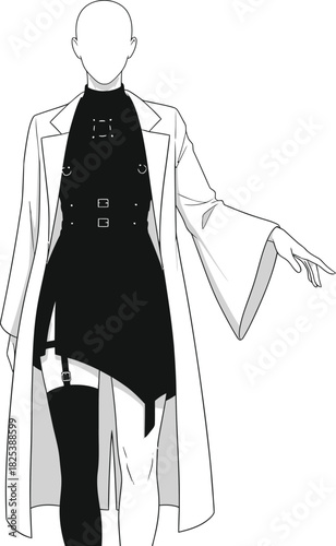 Fashion illustration of a woman wearing a black asymmetrical dress with a long patterned kimono and thigh high boots