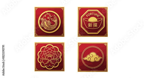 Set of four red and gold Chinese lucky symbols: koi fish fortune ingot peony and cloud.