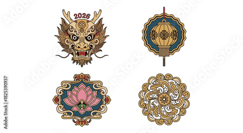 Stylized Golden Chinese Dragon Head with 2026 fierce expression intricate details traditional Asian art.