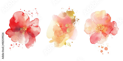 A watercolor illustration featuring three blooming flowers in shades of red and yellow. delicate petals and soft brushstrokes. perfect for backgrounds or floral-themed designs