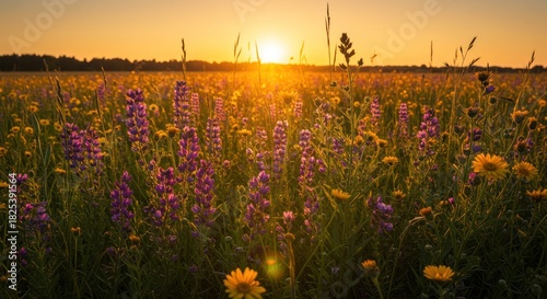 Fototapeta Naklejka Na Ścianę i Meble -  Wildflower meadow sunset