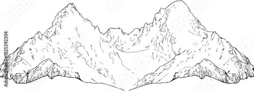  Majestic Mountain Range: A striking panorama of jagged peaks and rugged terrain, the drawing captures the raw beauty and scale of the mountain range.