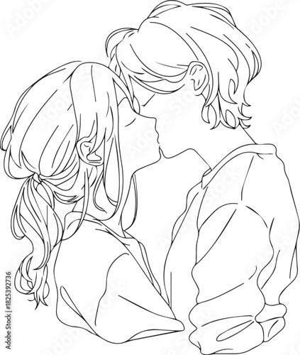 Intimate Kiss: An artistic sketch captures a tender moment between two individuals in an intimate embrace, their lips meeting in a silent expression of affection and love.