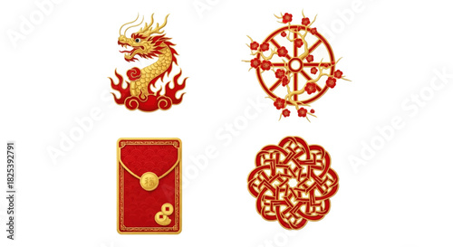 Set of Four Traditional Chinese Cultural Symbols in Red and Gold with Intricate Details.