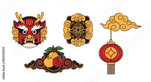 A set of four traditional Chinese New Year icons: a fierce dragon mask a hanging red lantern and ornate gold ornaments.