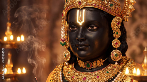 Beautiful darkskinned hindu deity statue with golden crown and jewelry, illuminated by oil lamps