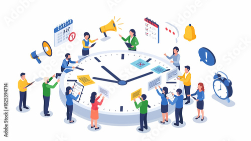 Isometric Team Around Clock Planning Time Management Project Deadlines