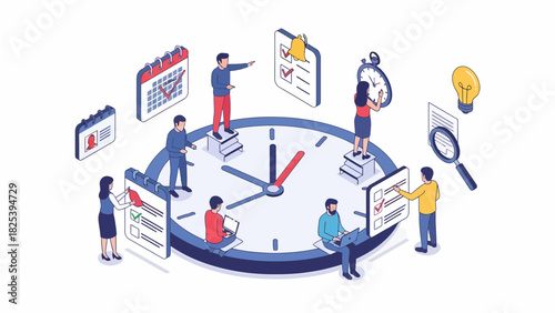 Isometric Teamwork Clock Efficiency For Business Productivity