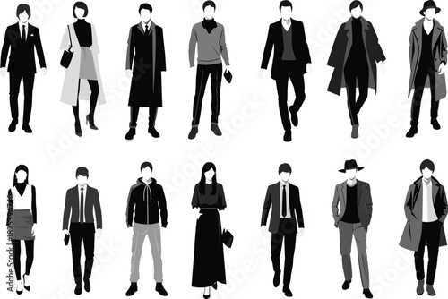 Collection of diverse fashionable men and women posing in stylish winter outerwear and apparel silhouettes