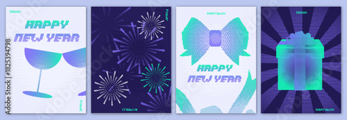 Modern Pixel Halftone Dots Background Vector Set for New Year and Holiday. Featuring Fireworks, Ribbon, Bow, Gift Box and Wine Bottle