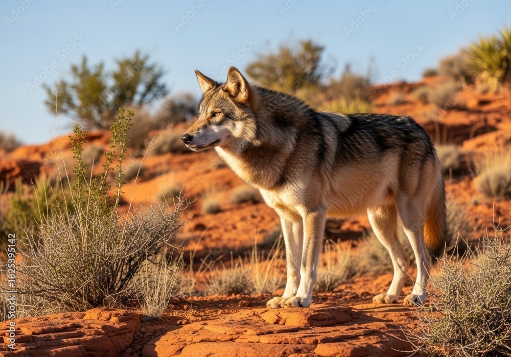 Obraz premium Wolf standing on red rocks in a desert landscape under a clear sky