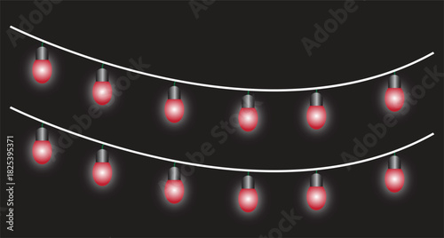 Red Glowing String Lights Vector Illustration on Black Background