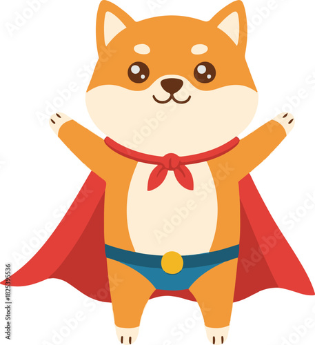A cute flat vector illustration of a happy Shiba Inu dog dressed as a superhero, wearing a flowing red cape and blue trunks, standing in a heroic pose