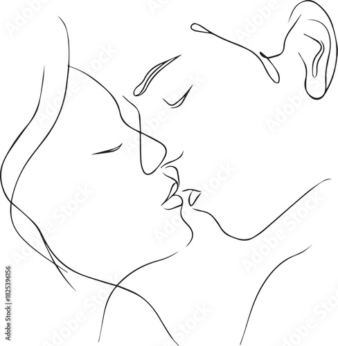 Eternal Embrace: An elegant line drawing captures the tender moment of a kiss, evoking the purest essence of love and romance with simple yet emotive strokes.