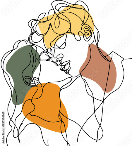 Intimate Embrace: An artistic line drawing captures the tender moment of a loving couple sharing a kiss, their forms intertwined in a celebration of love and connection.
