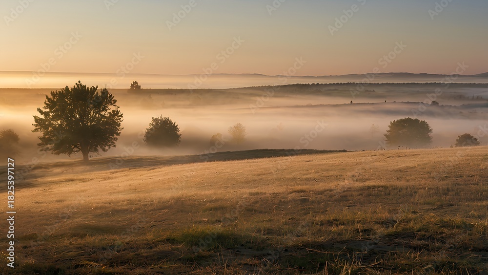 Fototapeta premium Sunrise Fog Over Grassland