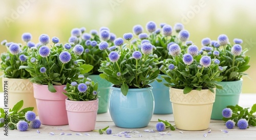 Wallpaper Mural A vibrant display of blue and purple flowers in various pots on a wooden table. Torontodigital.ca
