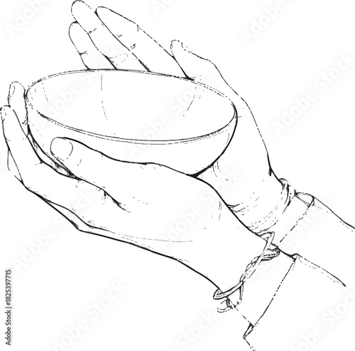 Hands Gently Cupping Bowl: Two hands cradle a simple bowl with tender care, depicting moments of offering, contemplation, and serenity.