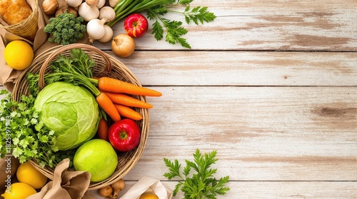 Vegetable and fruit selection on a rustic wooden table